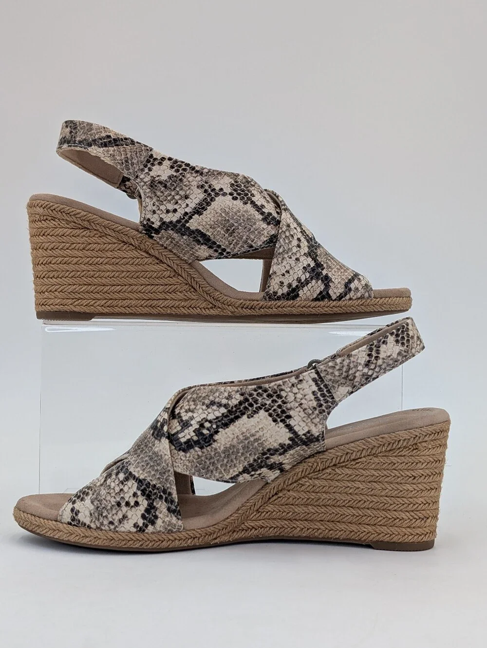 Clarks Collection Lafley Alaine Sz 9W Taupe Snake Print Espadrille Wedge Sandal